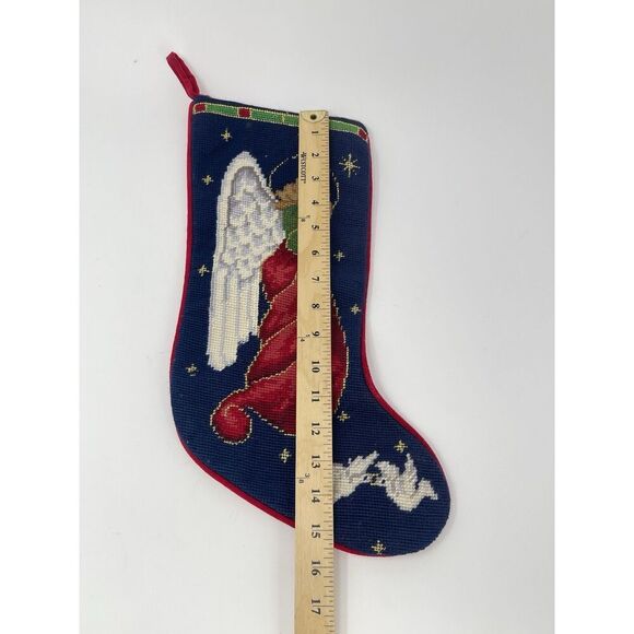 Vintage Needlepoint Christmas Stocking Angel Doves Blue Red Wool Velvet Back - Picture 2 of 8